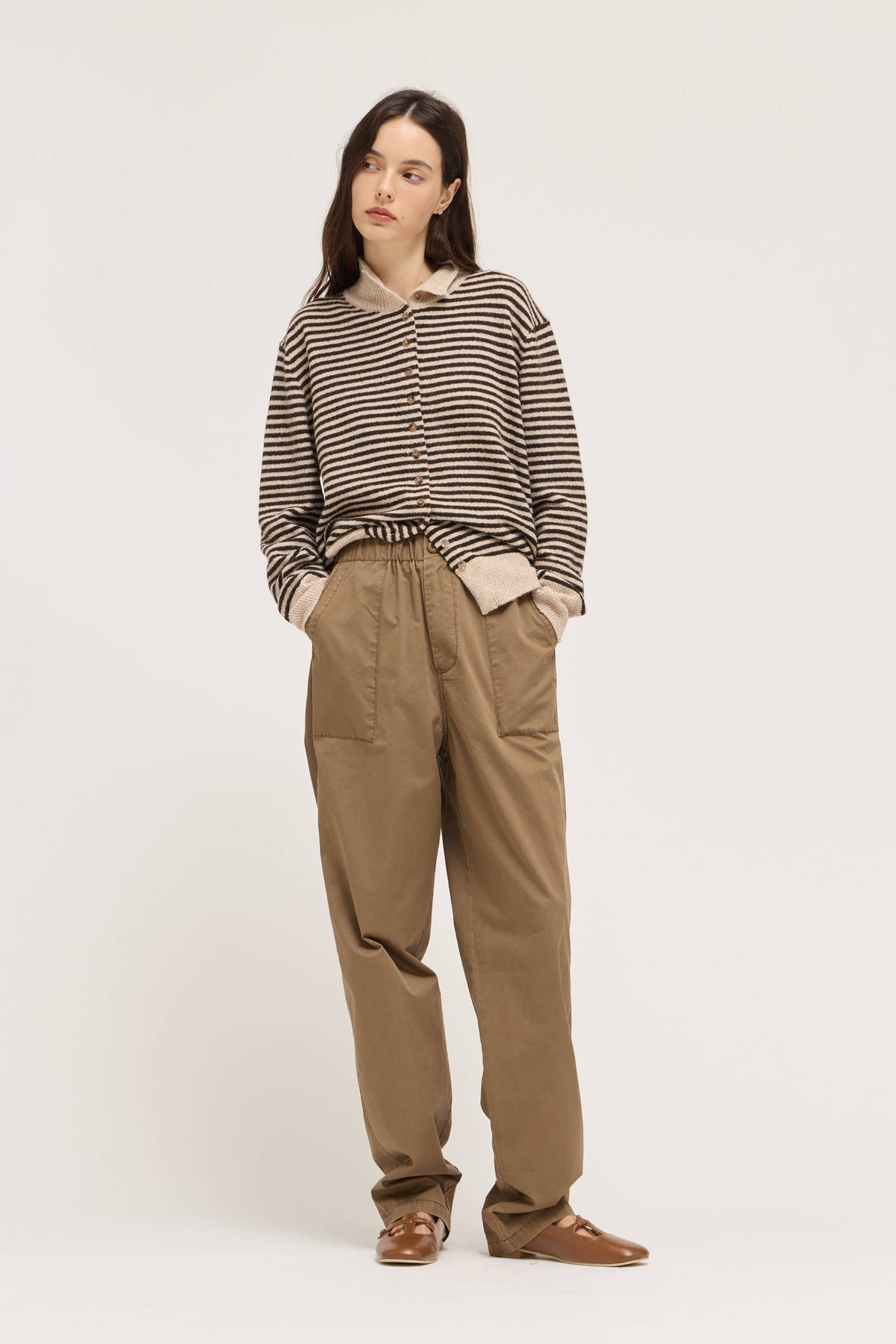 Brown Striped Mock Neck Button Cardigan