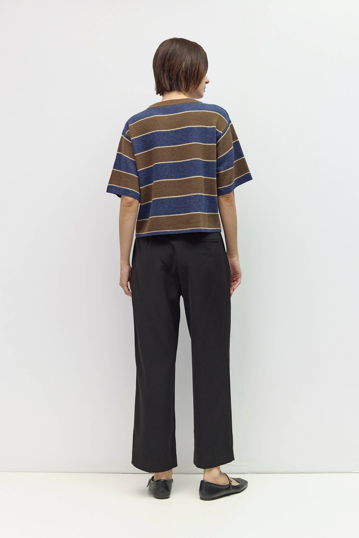 Brown + Navy Striped Short Sleeve Sweater
