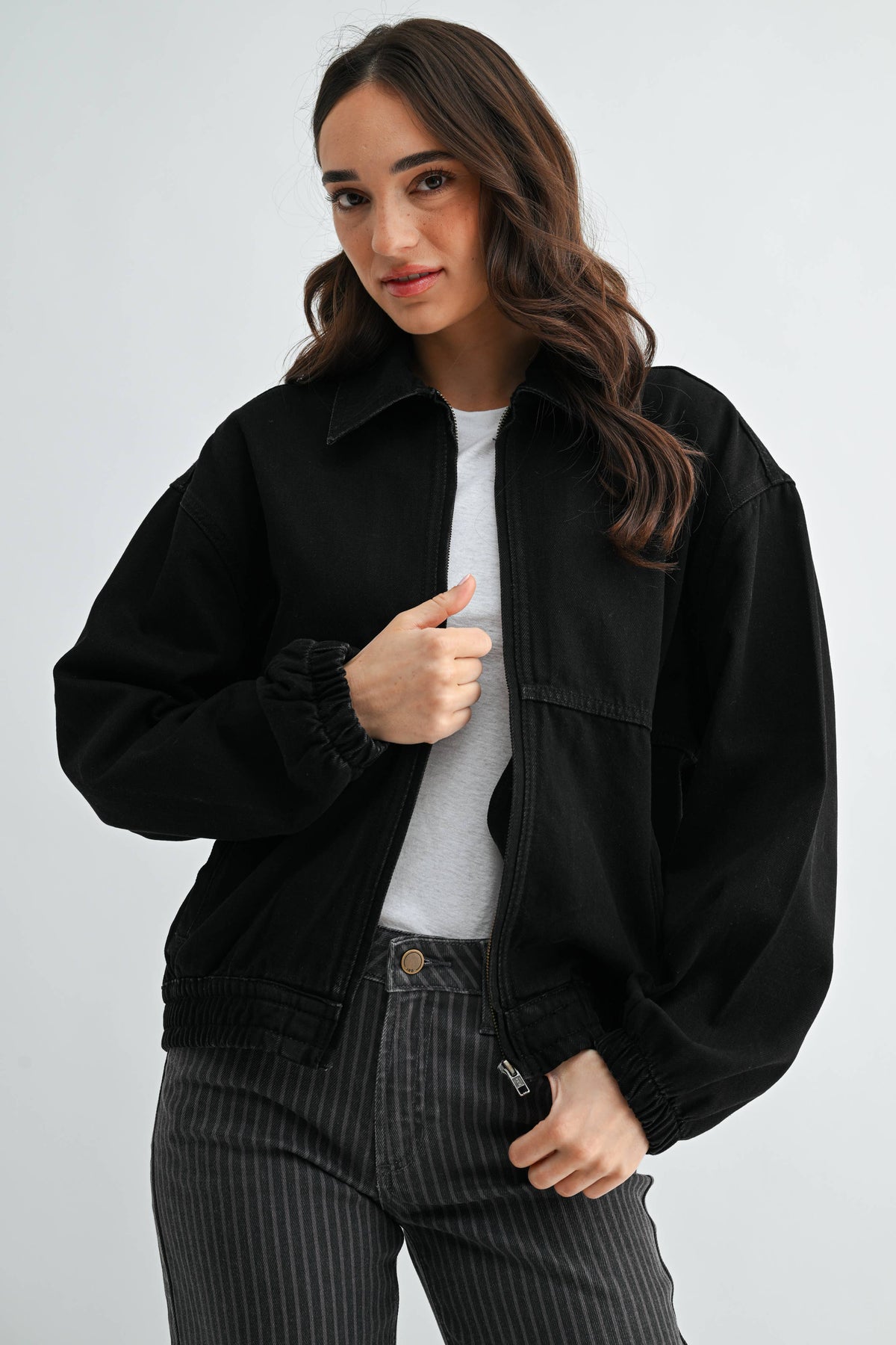 Black Denim Zip-Up Jacket