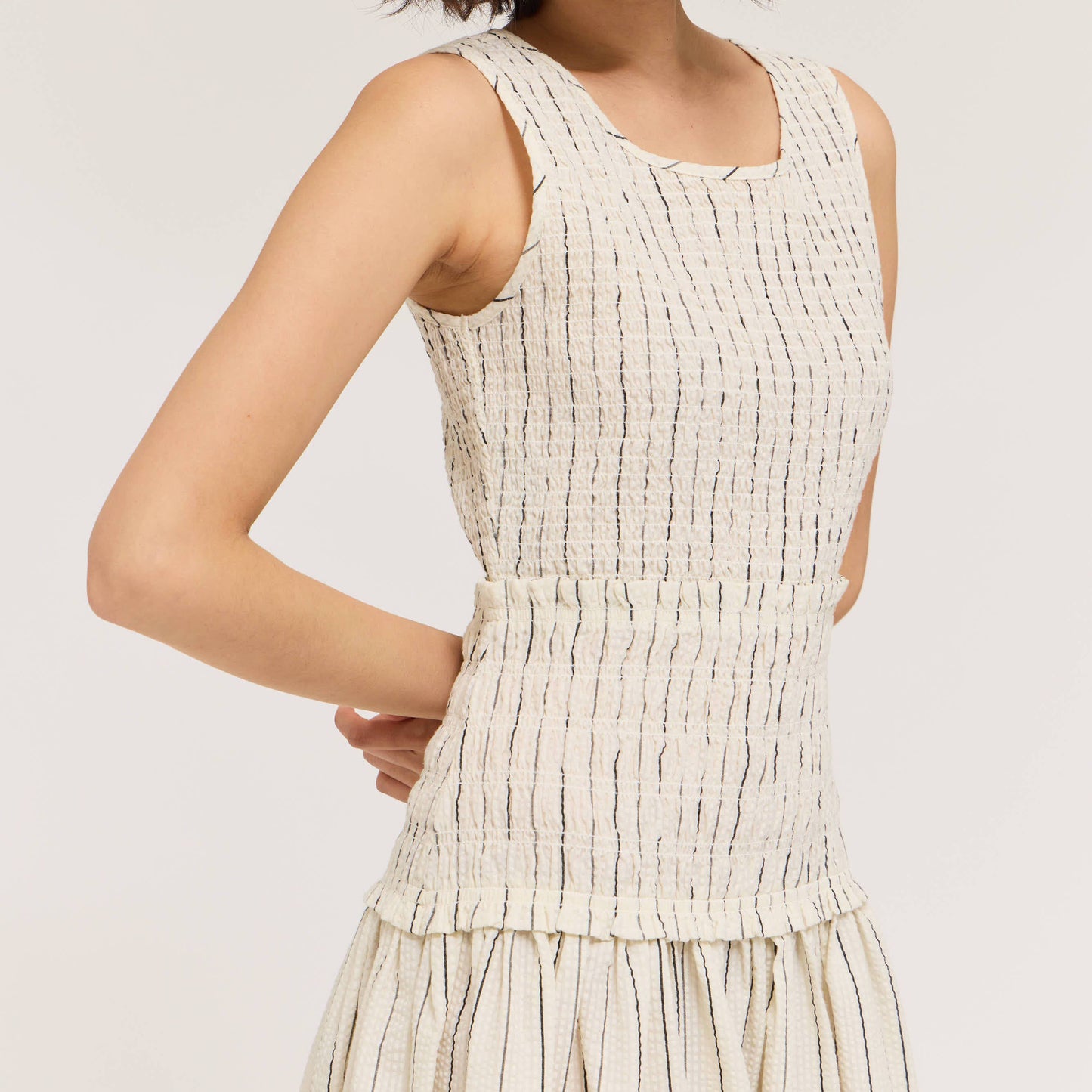 Cream Smocked Bodice Stripe Dress
