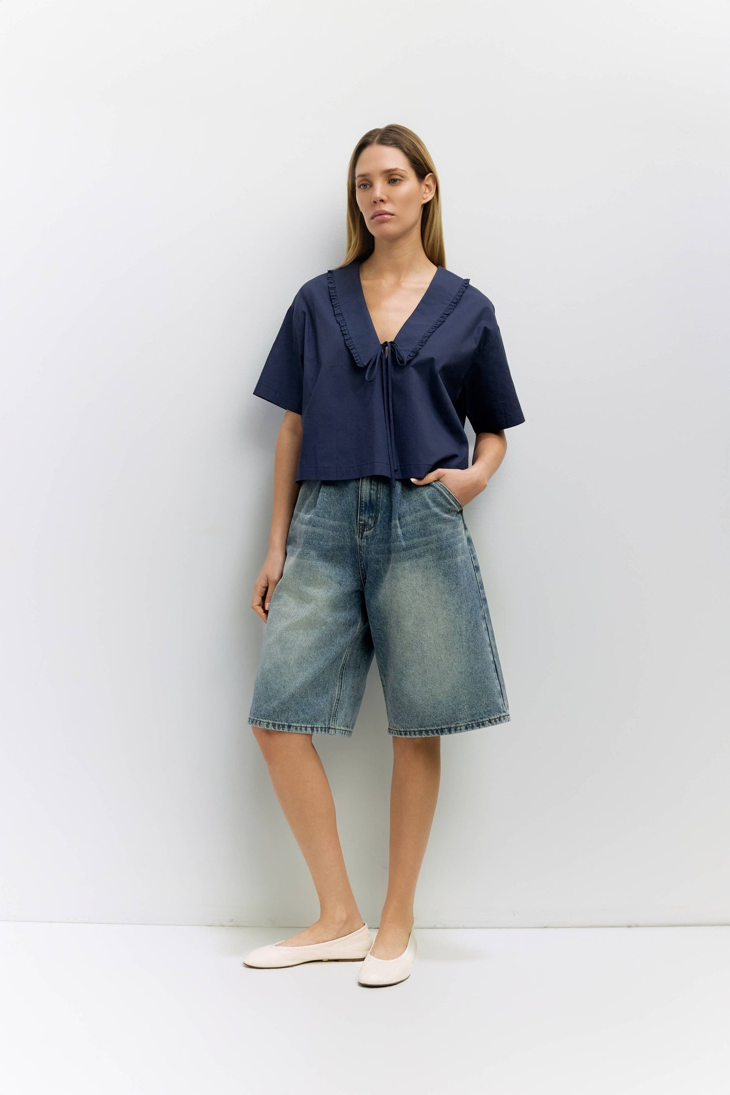 Poplin Lace Trim V Neck Boxy Top