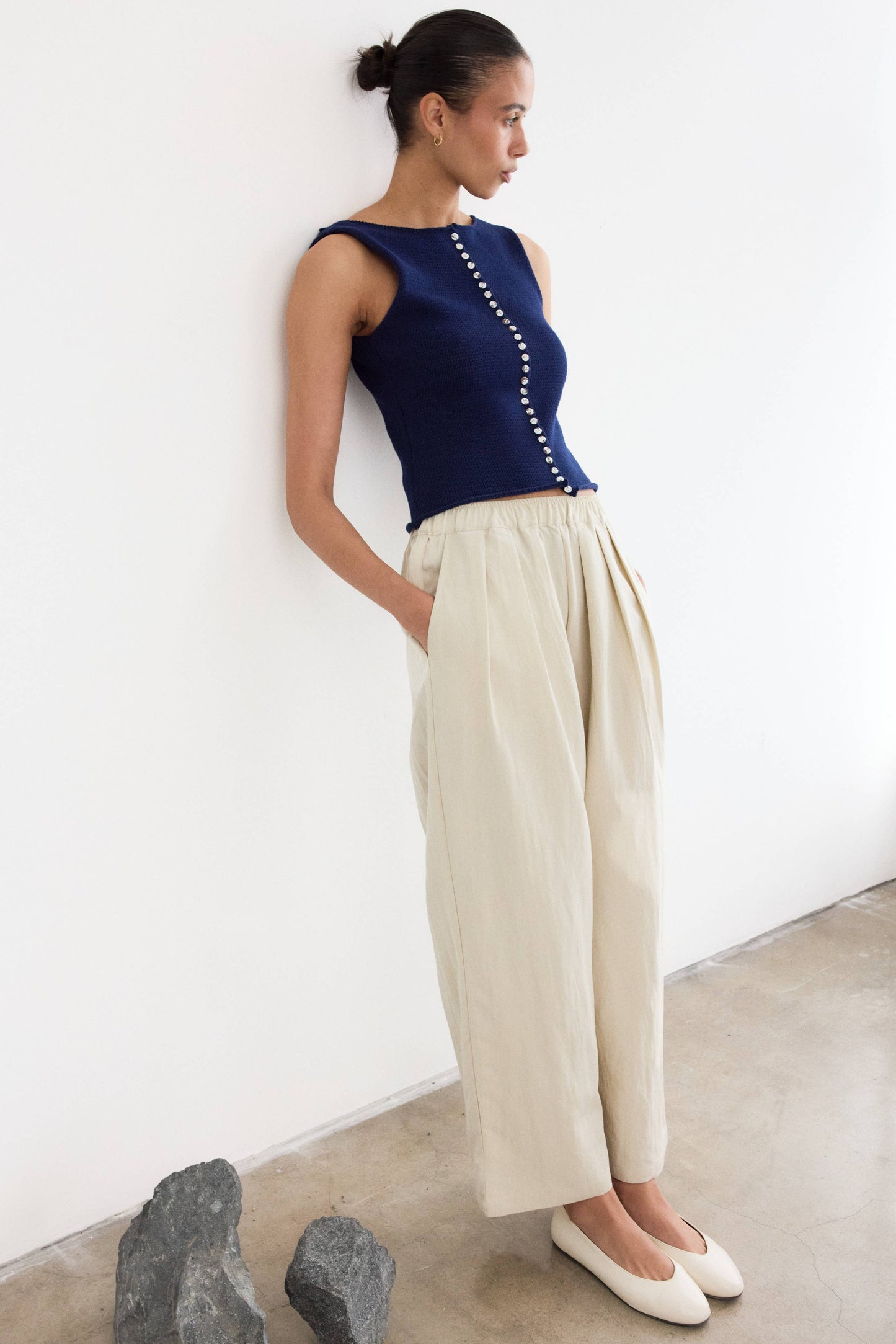 Bone Pleated Wide Leg Pants