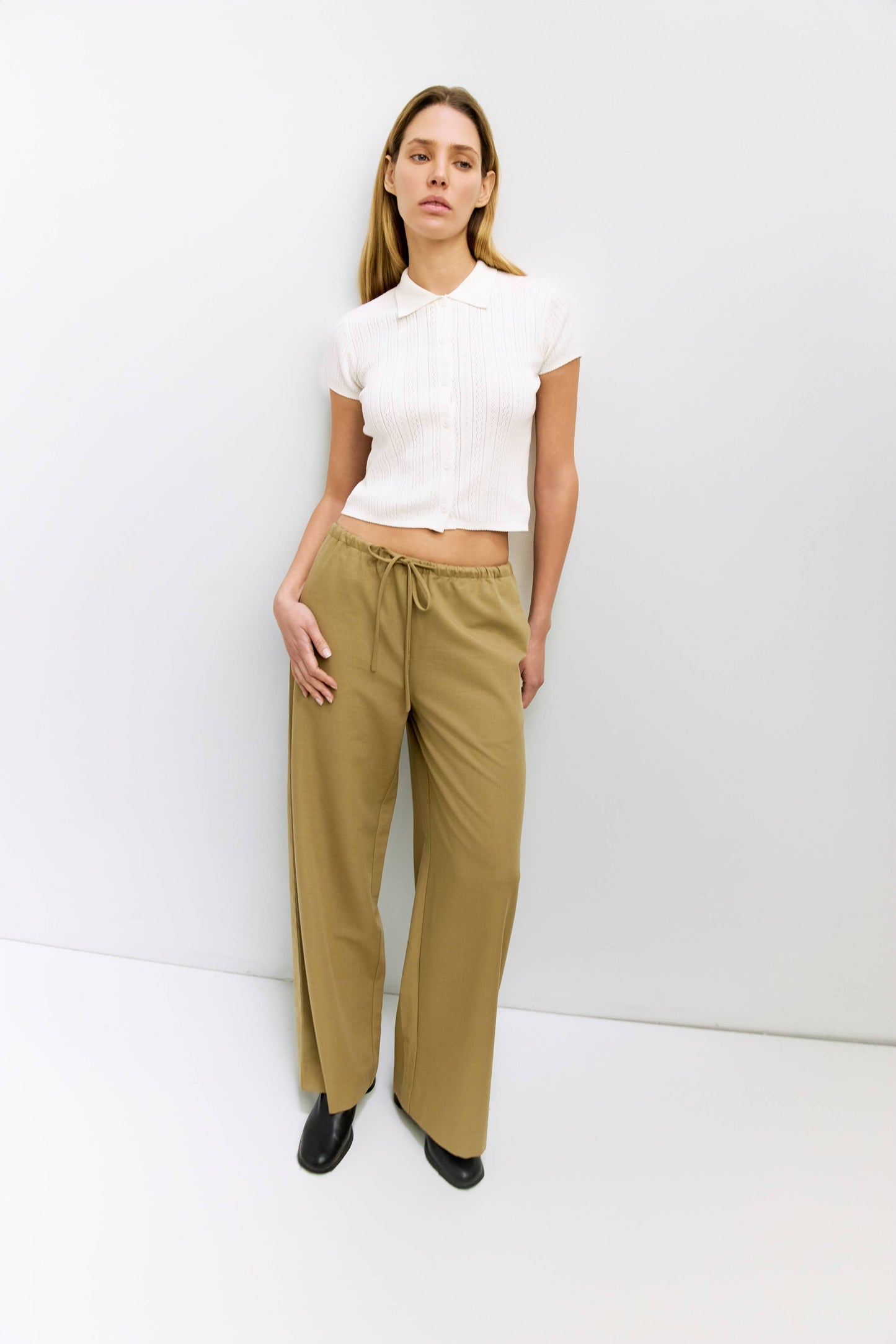 Pointelle Collared Button Top