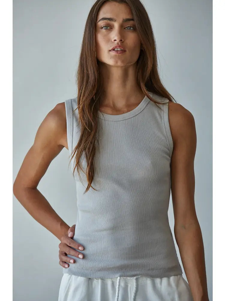 Ribbed High Neck Cotton Tank Top