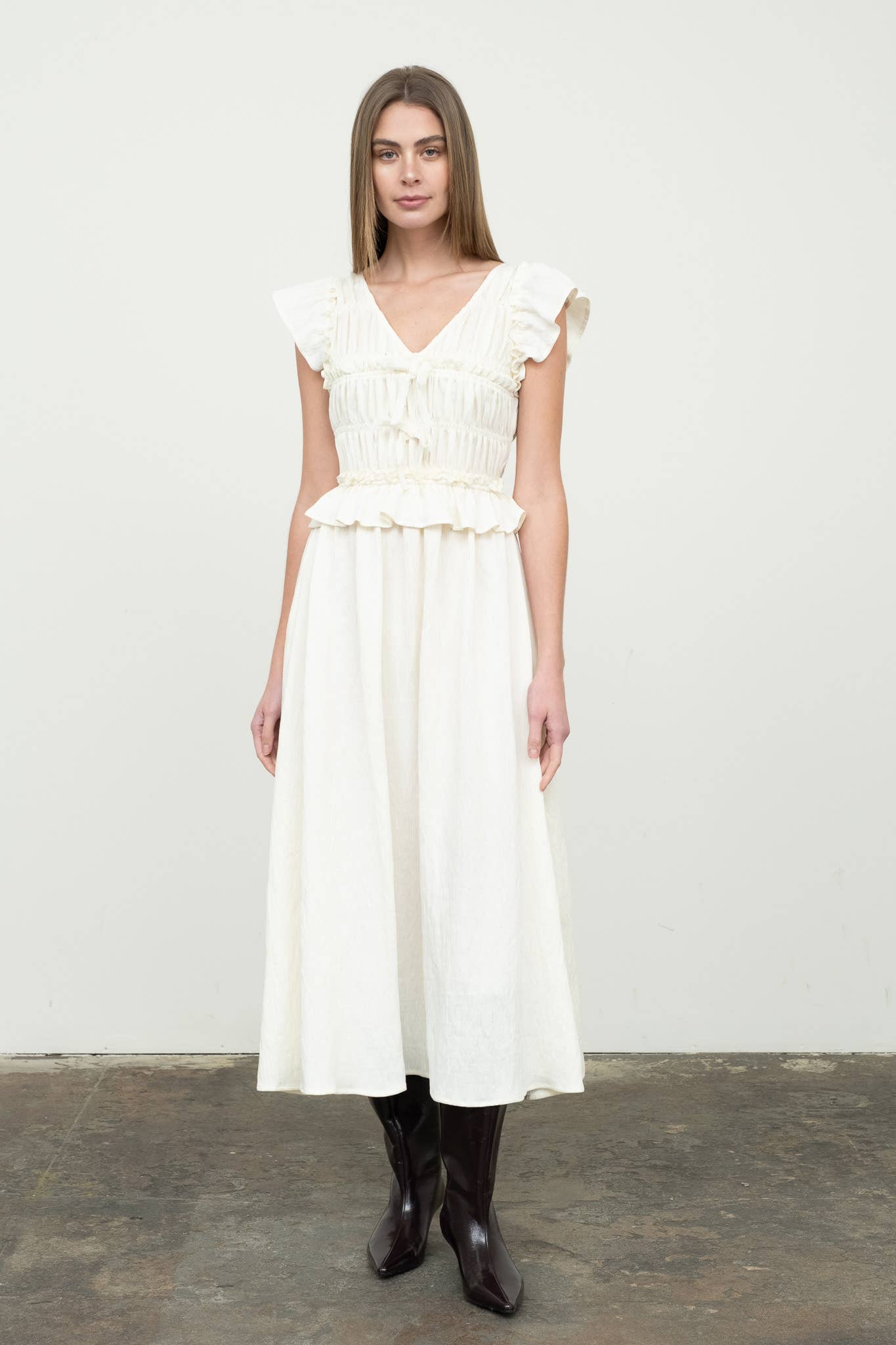 Black Shirred V-Neck Ruffle Trim Midi Dress