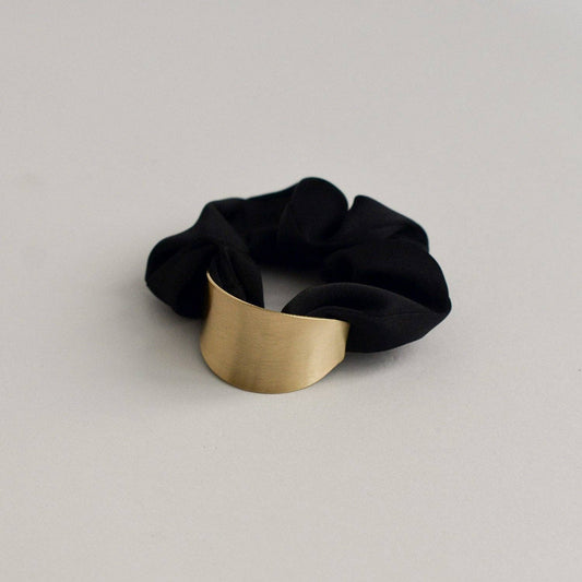 Black Satin Scrunchie with Crescent Gold Charm