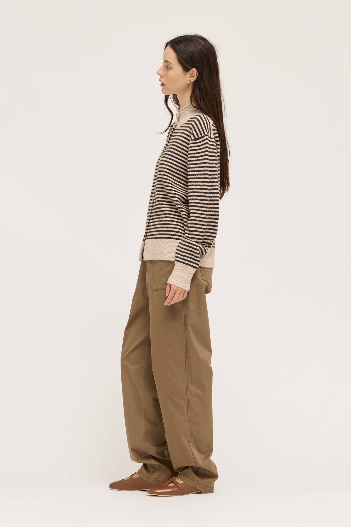 Brown Striped Mock Neck Button Cardigan