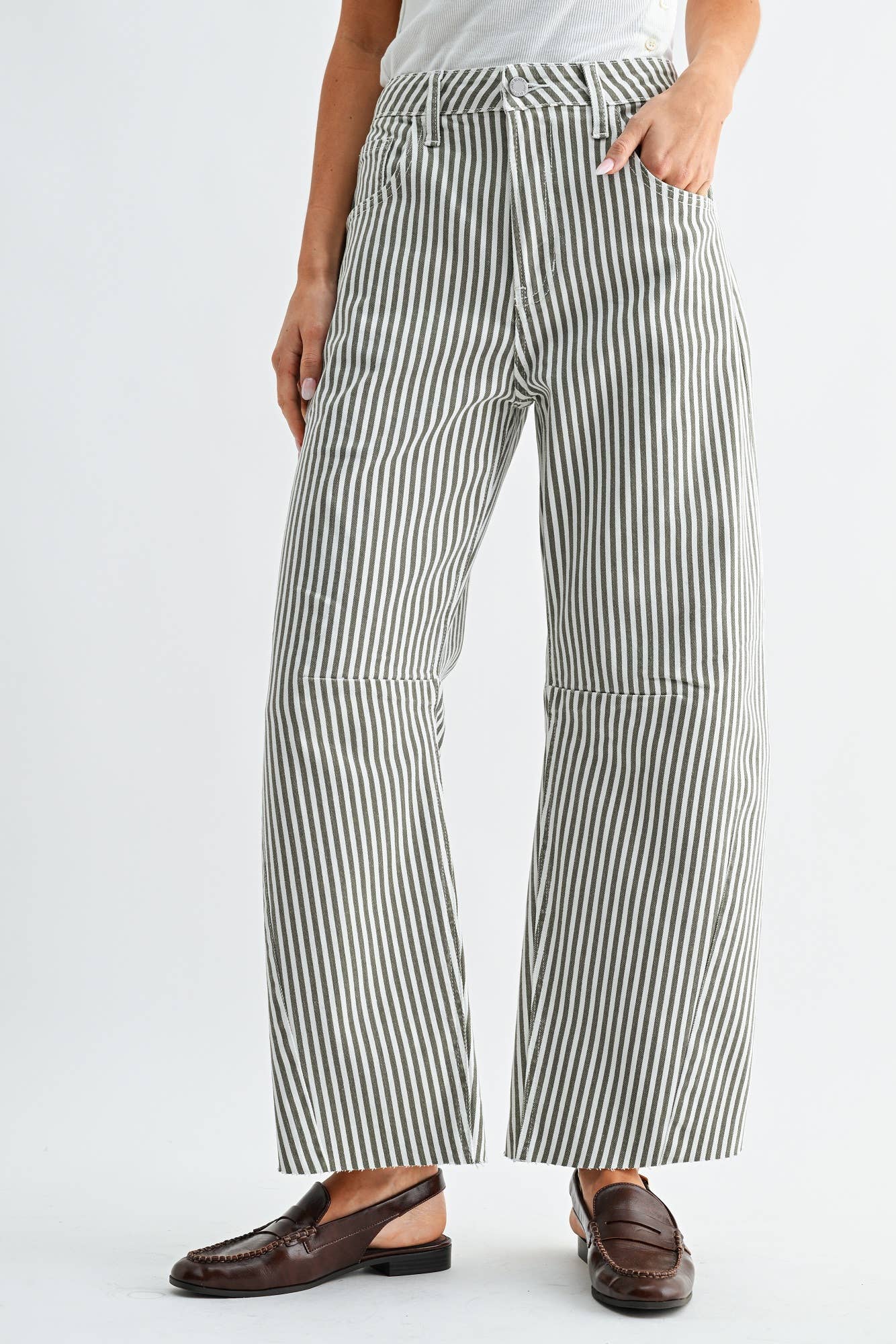 Olive Stripe Seamed Barrel Jean