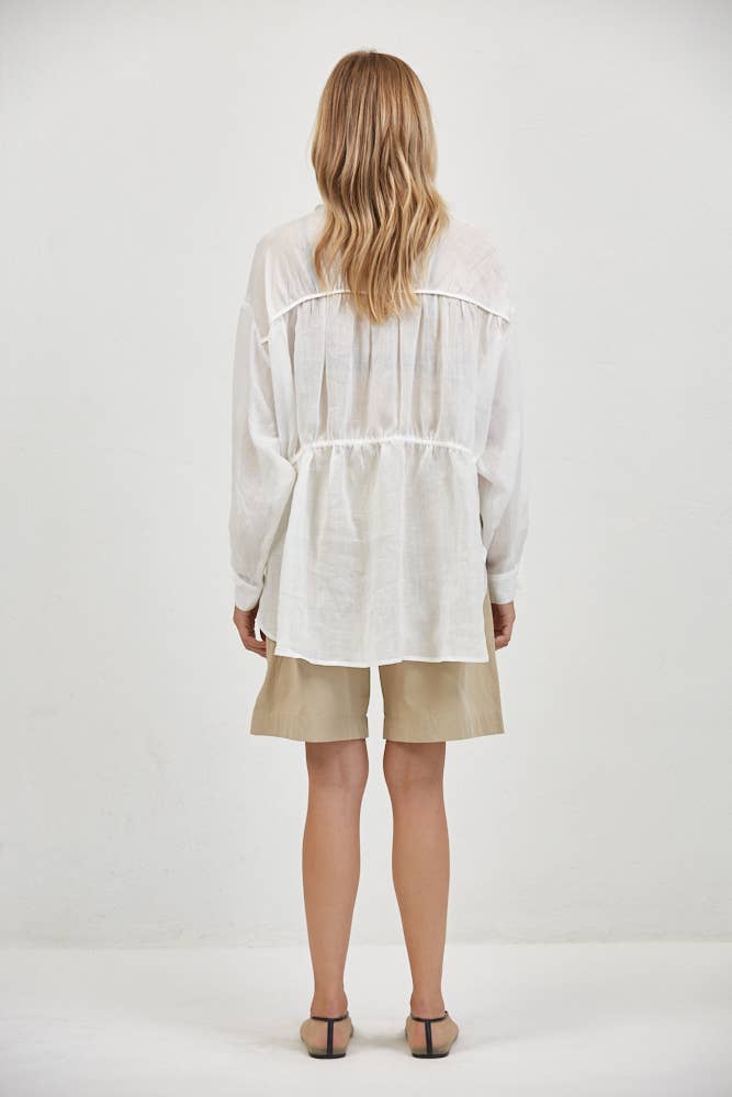 White Linen Tie Waist Button Down Top