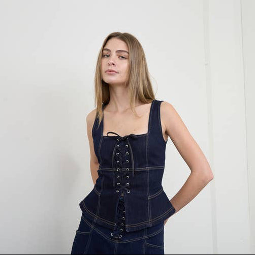 Denim Lace-Up Corset Peplum Top