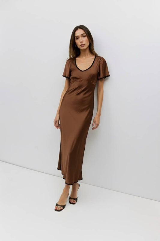 Brown Satin Contrast Trim Midi Dress