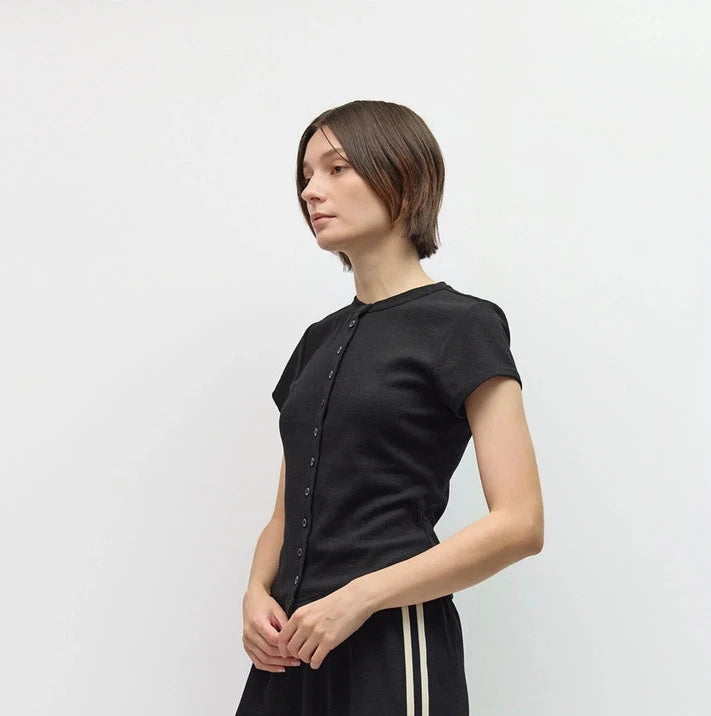 Waffle Knit Button Front Short Sleeve Top