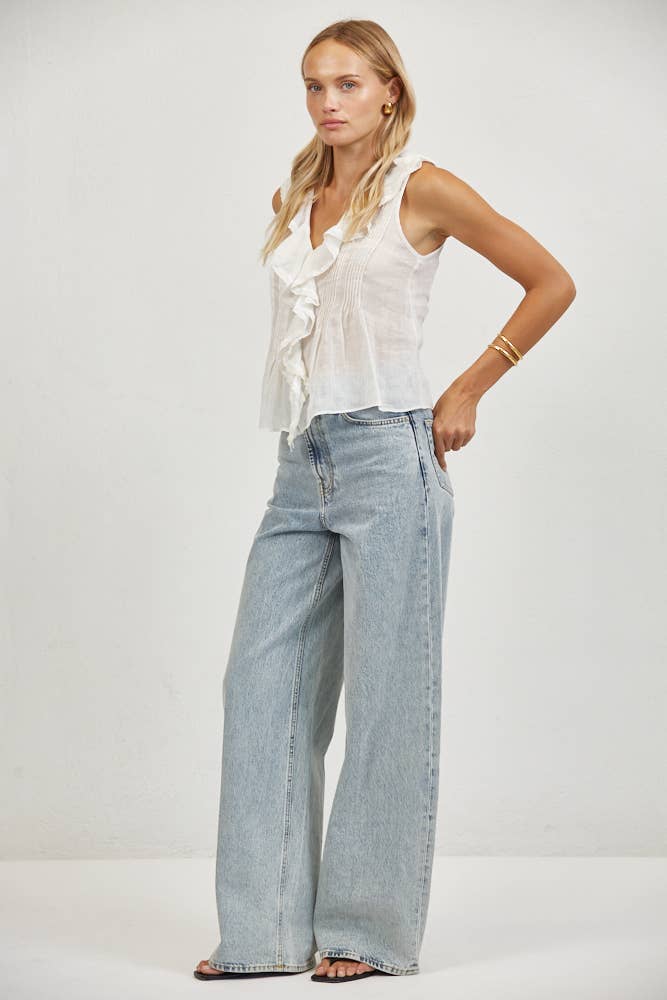 White Linen Ruffle V-Neck Sleeveless Top