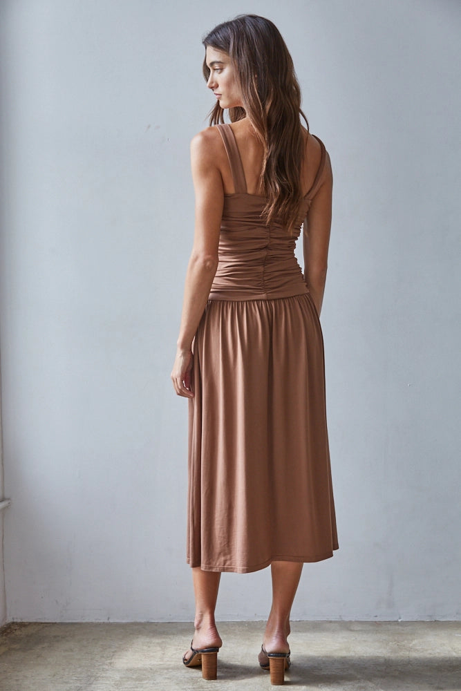 Shirred Drop Waist Sleeveless Knit Maxi Dress