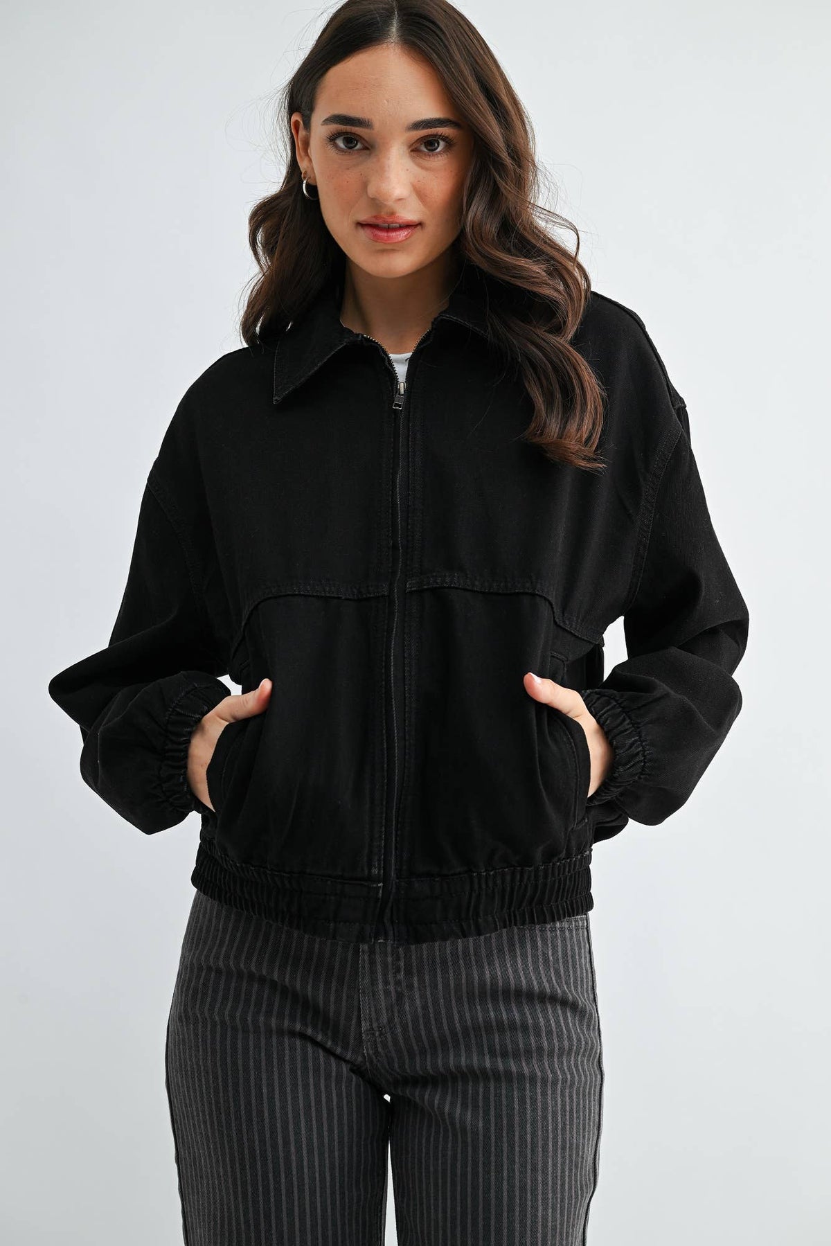 Black Denim Zip-Up Jacket