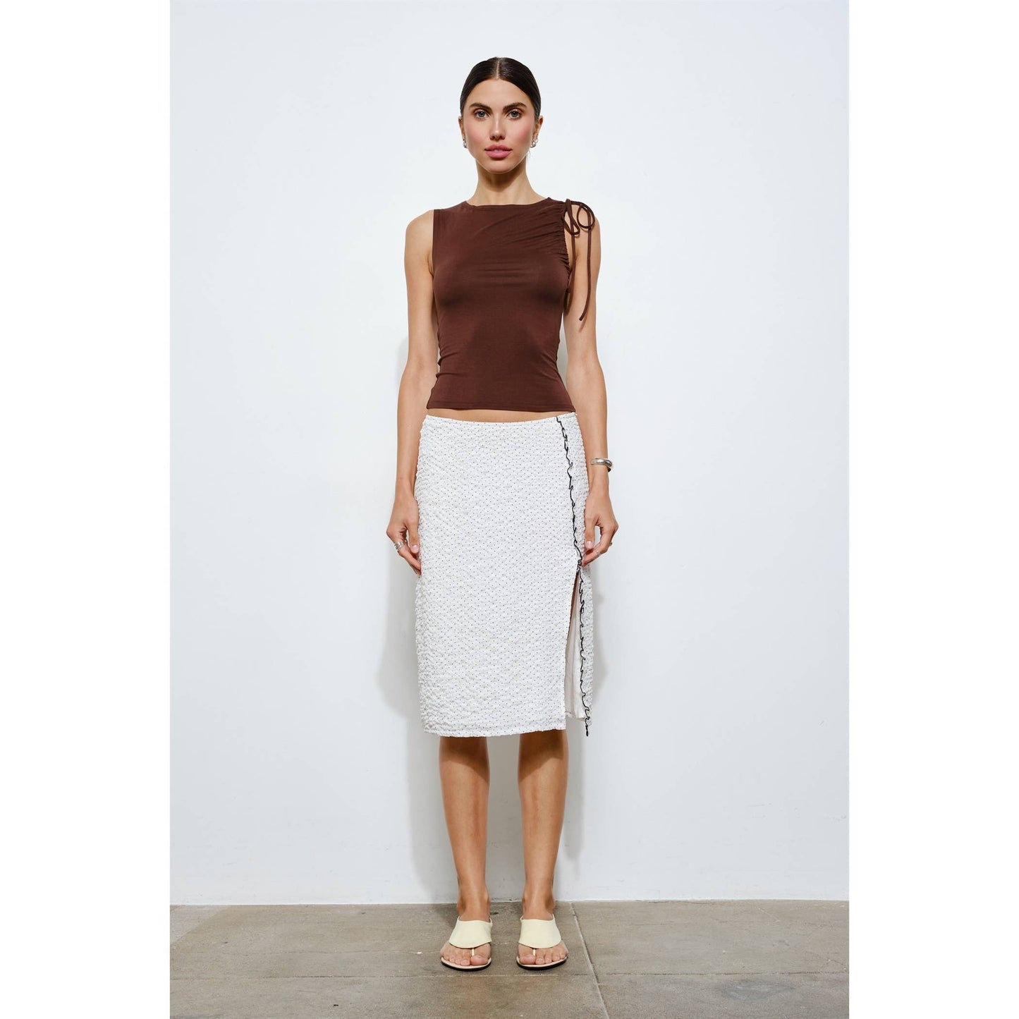 Brown Ruched Tie Shoulder Top