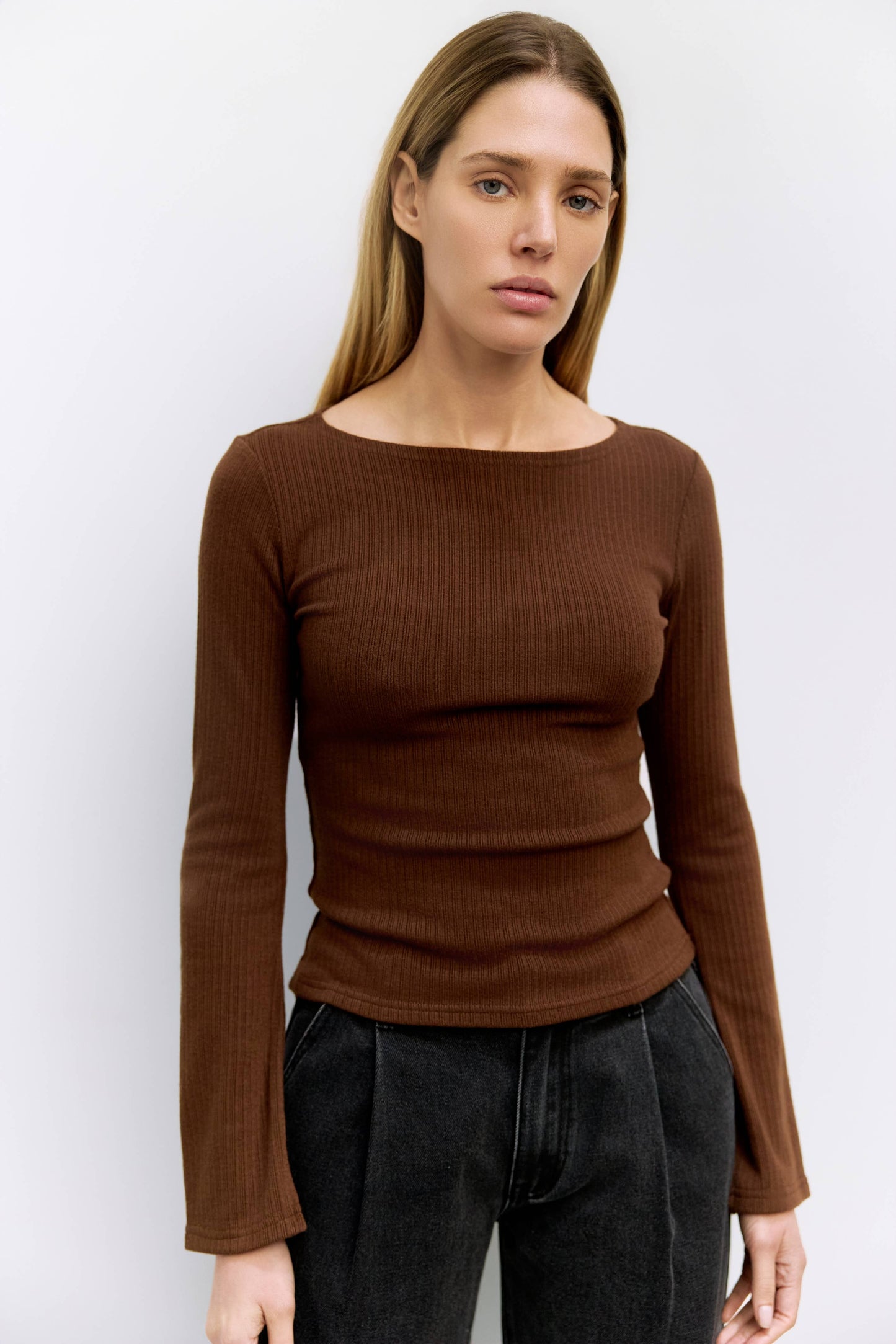 Brown Ribbed Wide Neck Flare Sleeve Top