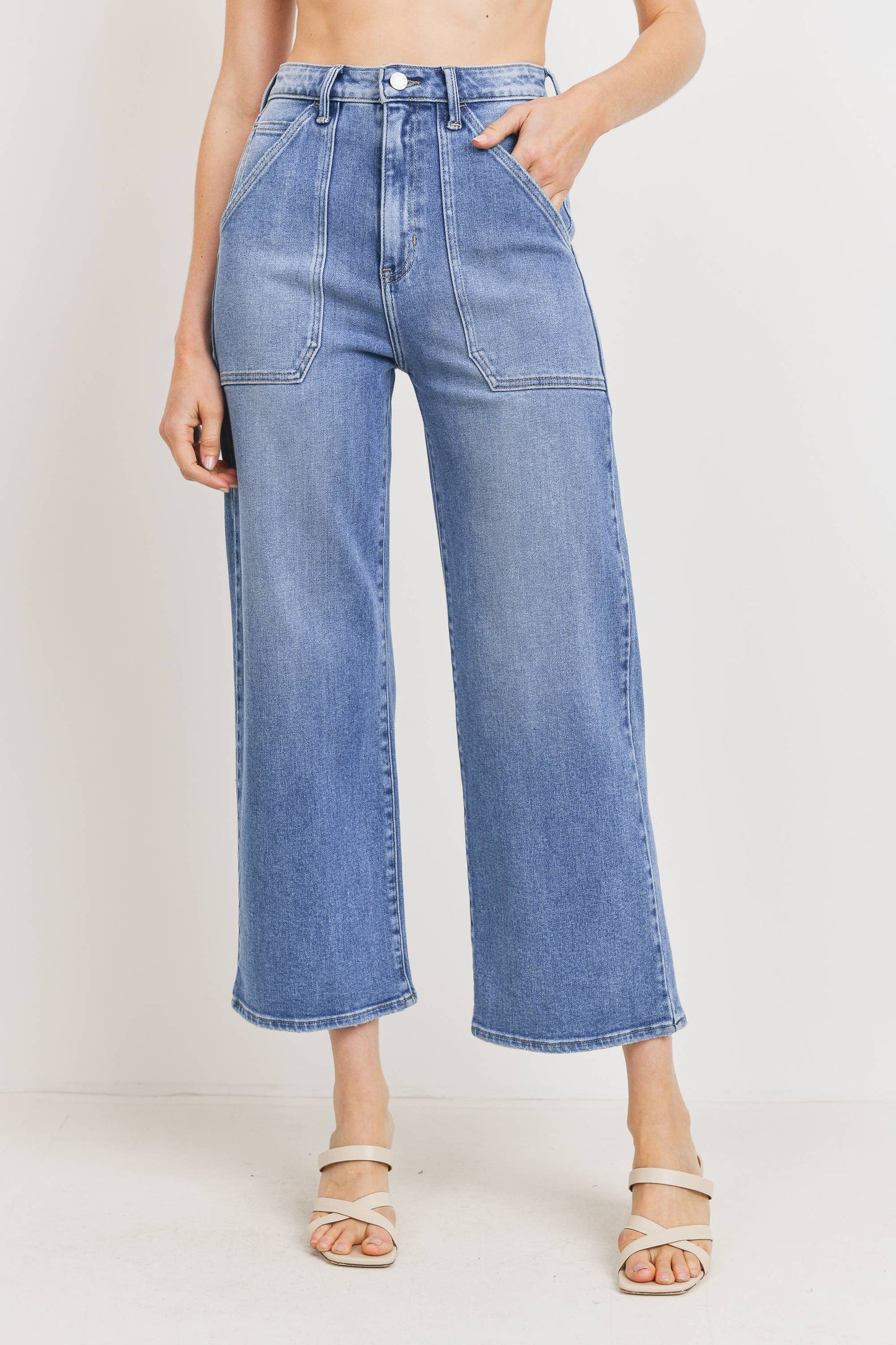 Medium Wash Utility Cargo Pocket Wide Leg High Rise Jeans
