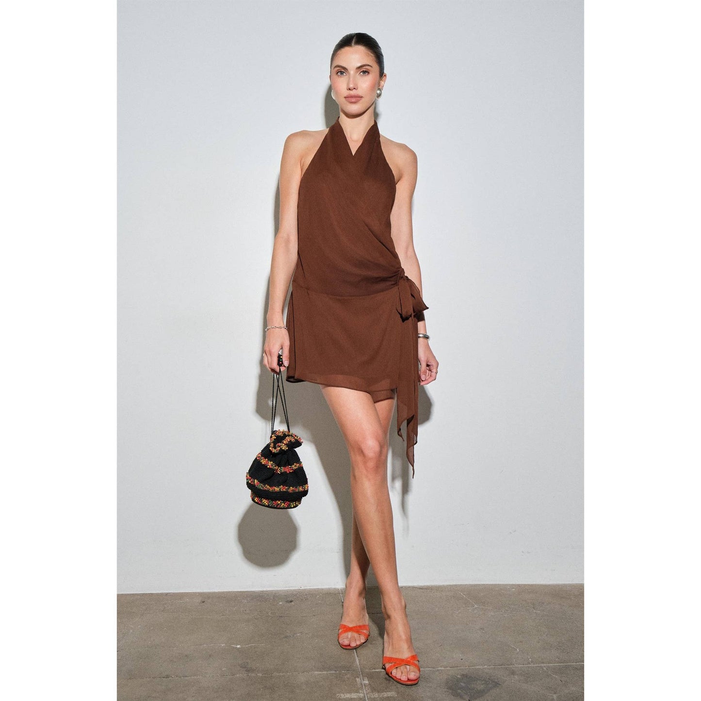 Brown Chiffon Draped Halter Wrap Mini Dress