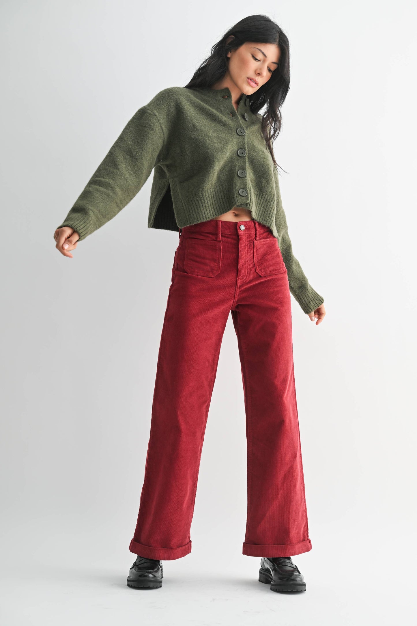 Dark Red Corduroy Patch Pocket Wide Leg Pant