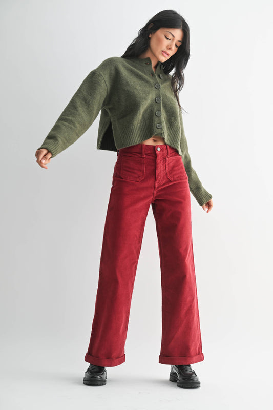 Dark Red Corduroy Patch Pocket Wide Leg Pant