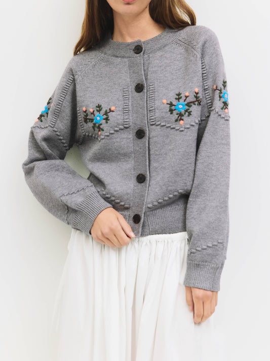 Heather Gray Floral Embroidered Cardigan