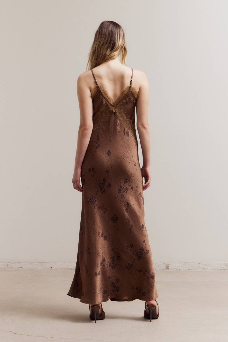 Brown Floral Print Lace Maxi Slip Dress