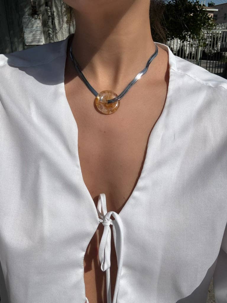 Yellow Quartz Donut Herringbone Necklace