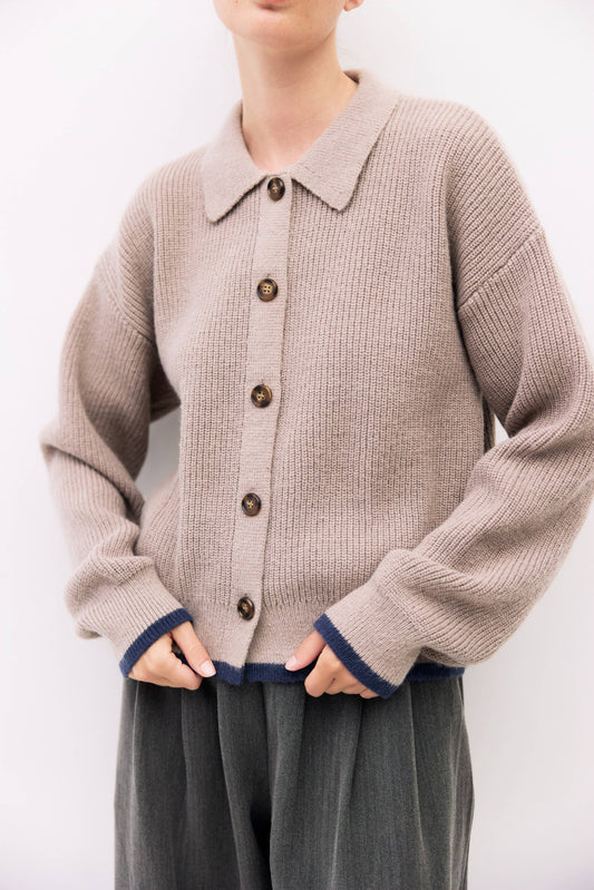 Taupe Navy Contrast Hem Collared Cardigan
