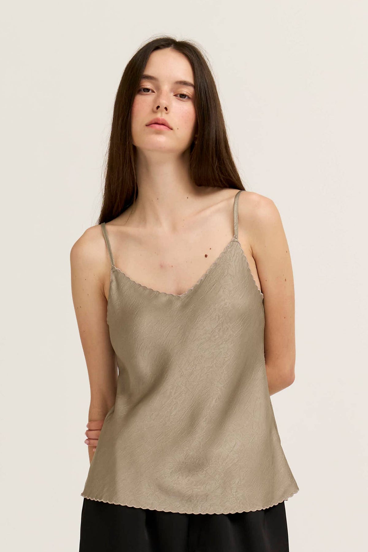 Light Taupe Scallop Edge Satin Tank