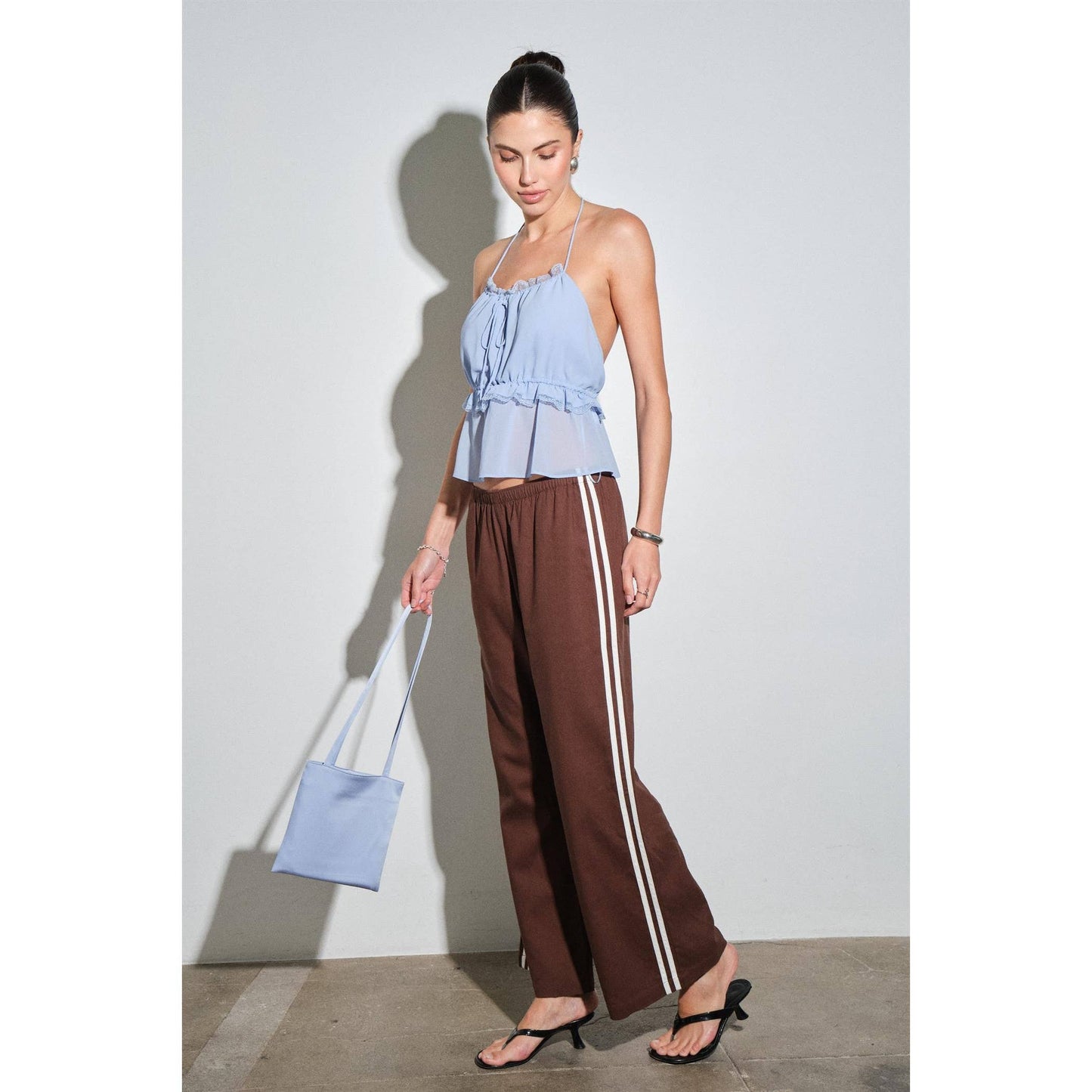 Light Blue Chiffon Lace Trim Halter Top