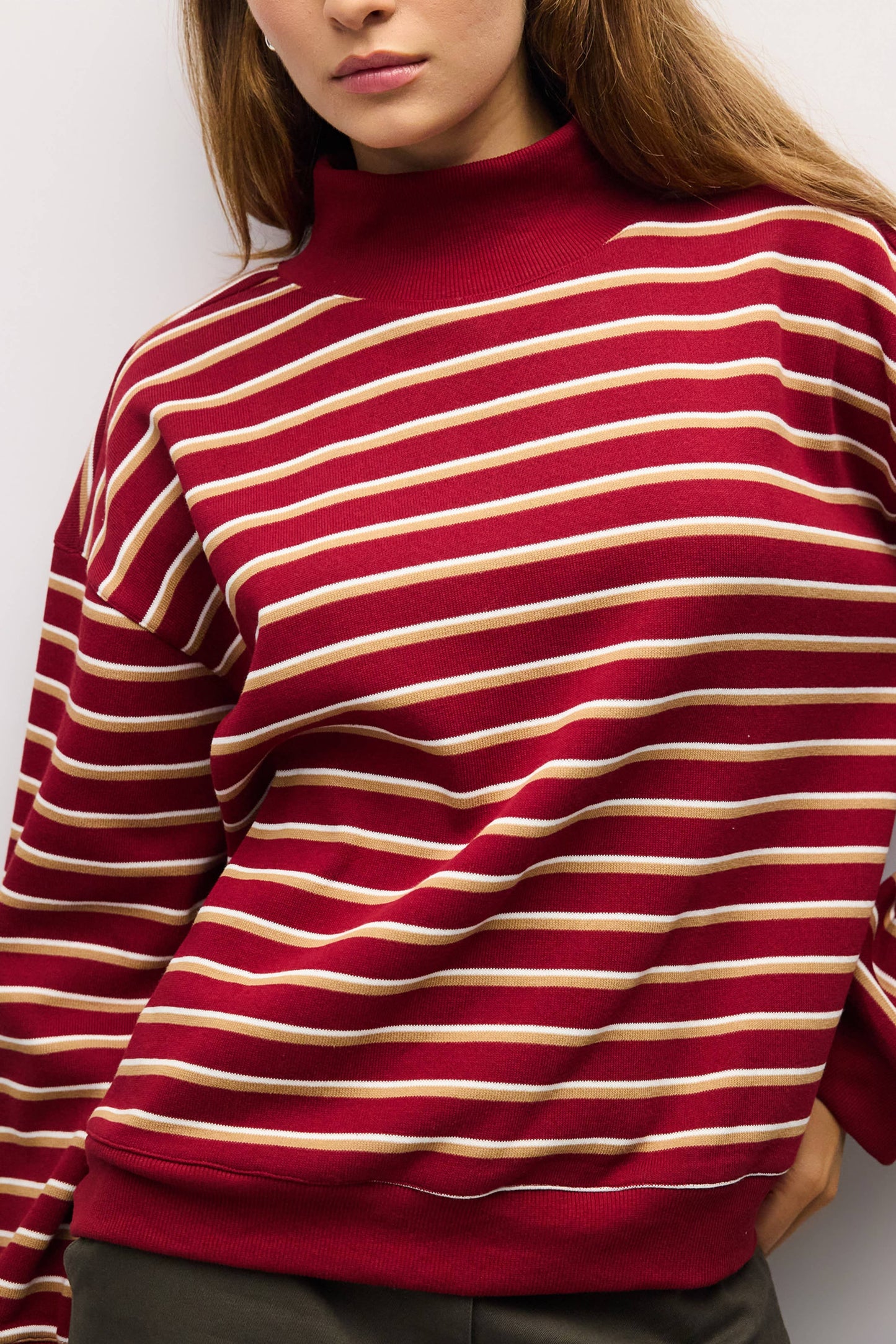 Red and Tan Striped Funnel Neck Fleece