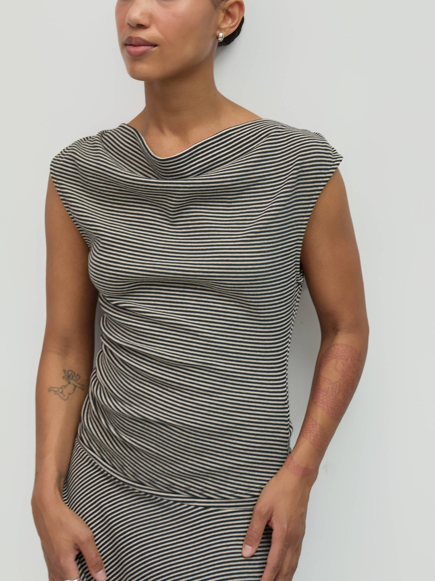 Striped Knit Cowl Neck Top