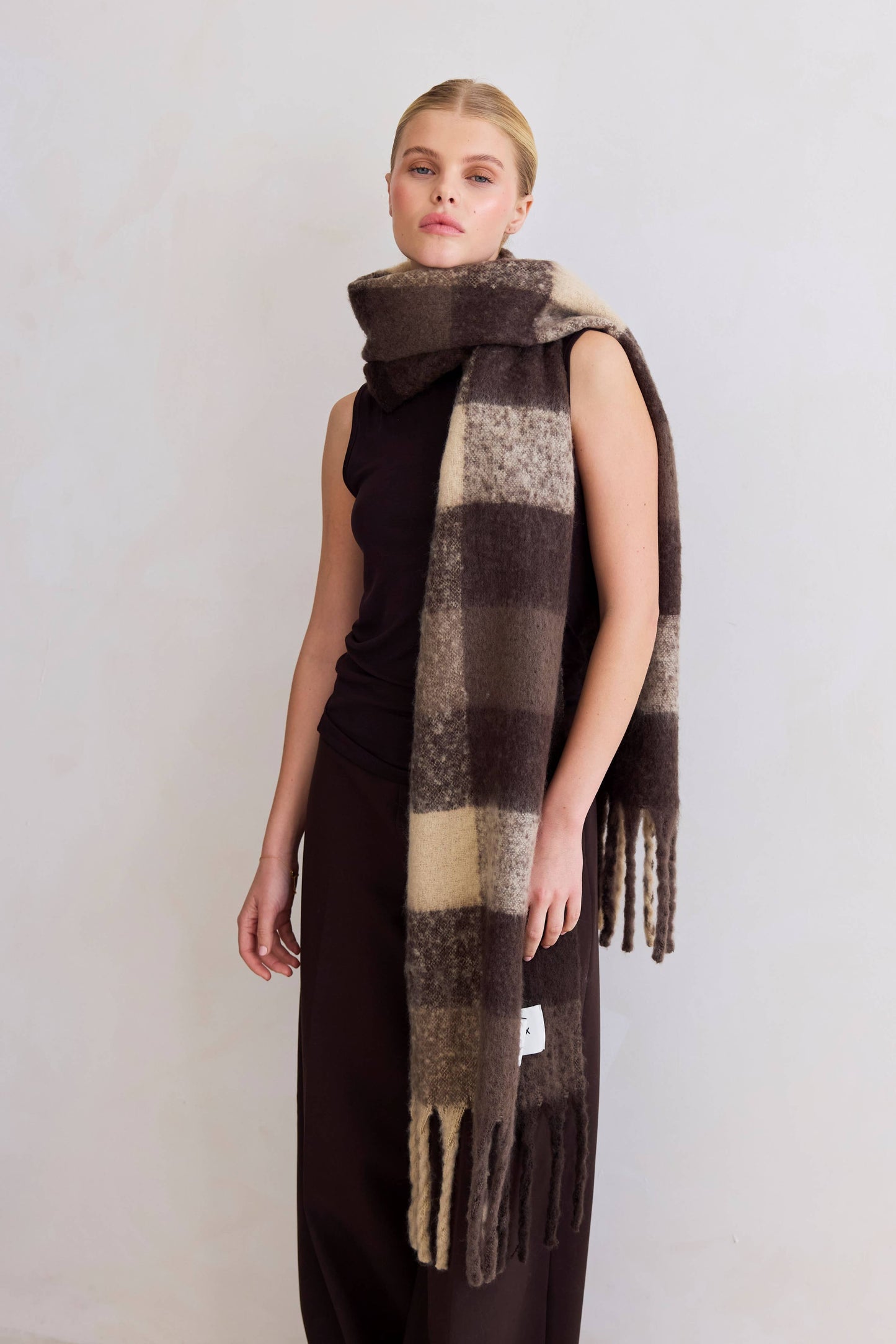 Brown Brushed Plaid Oversized Scarf