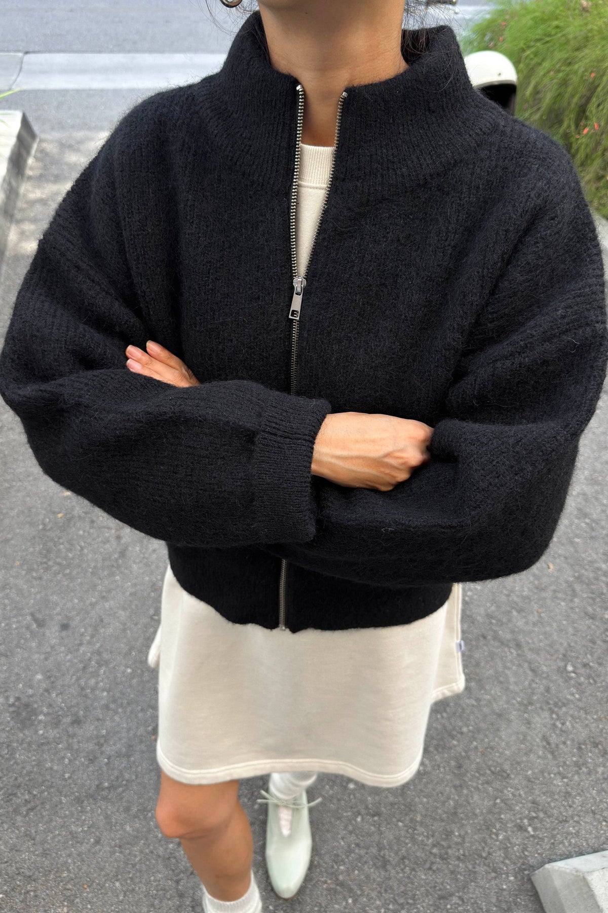 Black Alpaca Zip Front Sweater Jacket