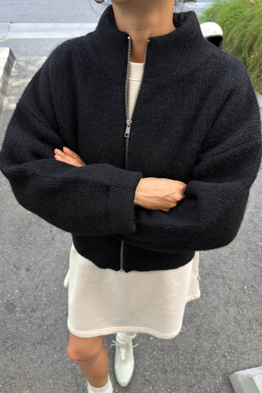 Black Alpaca Zip Front Sweater Jacket