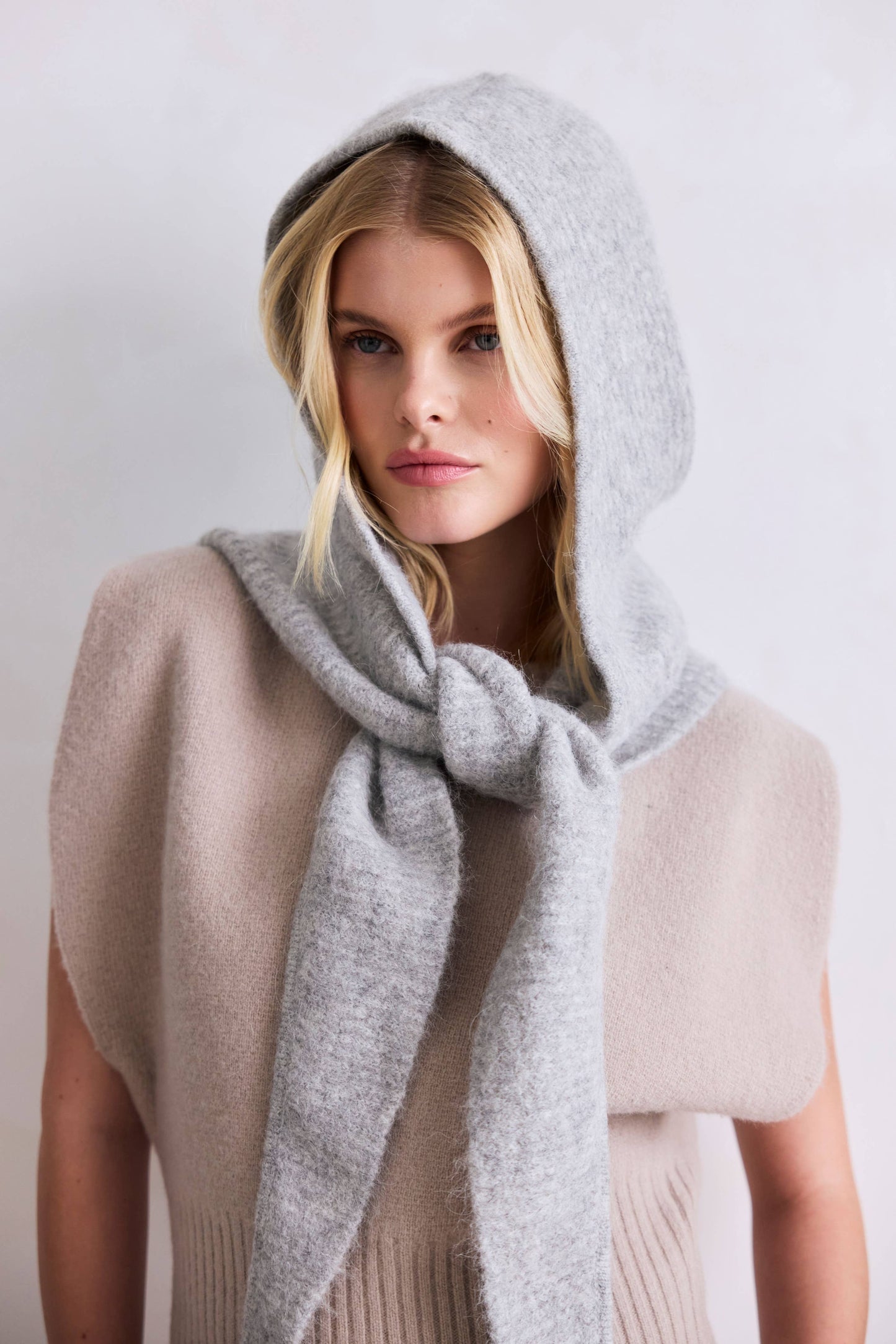 Grey Alpaca Wool Hooded Scarf