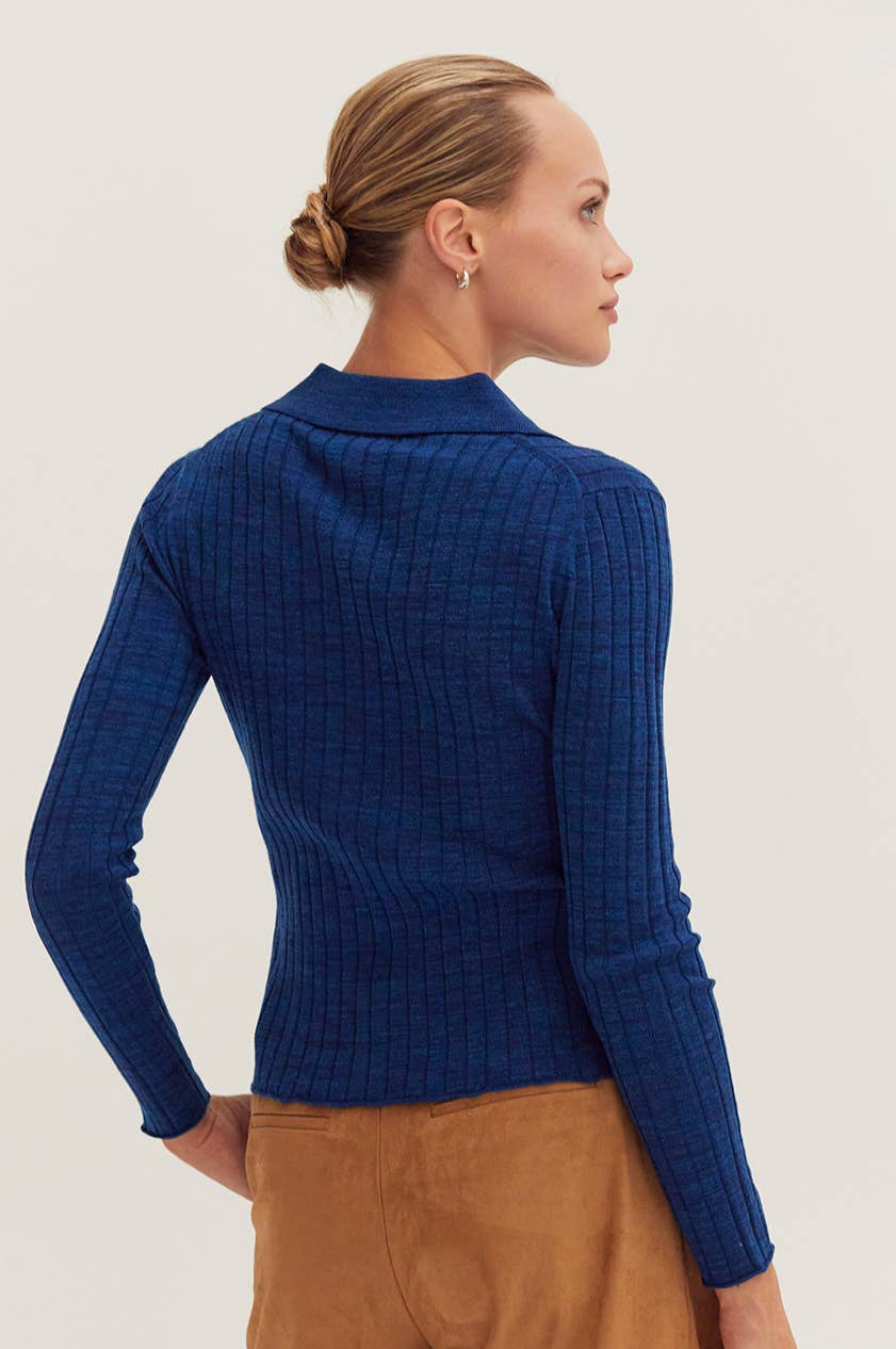 Blue Ribbed Long Sleeve Polo Sweater
