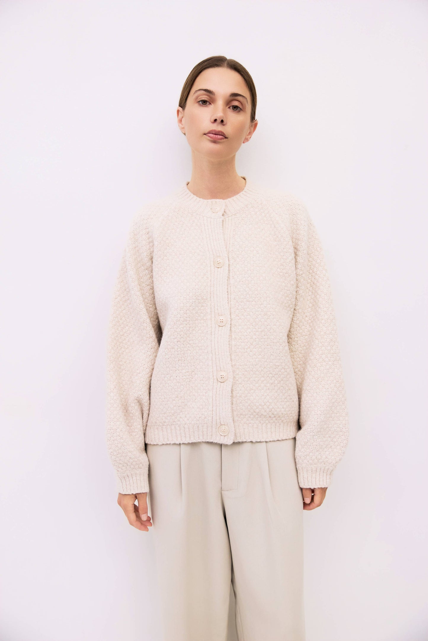 Cream Textured Weave Lantern Sleeve Cardigan