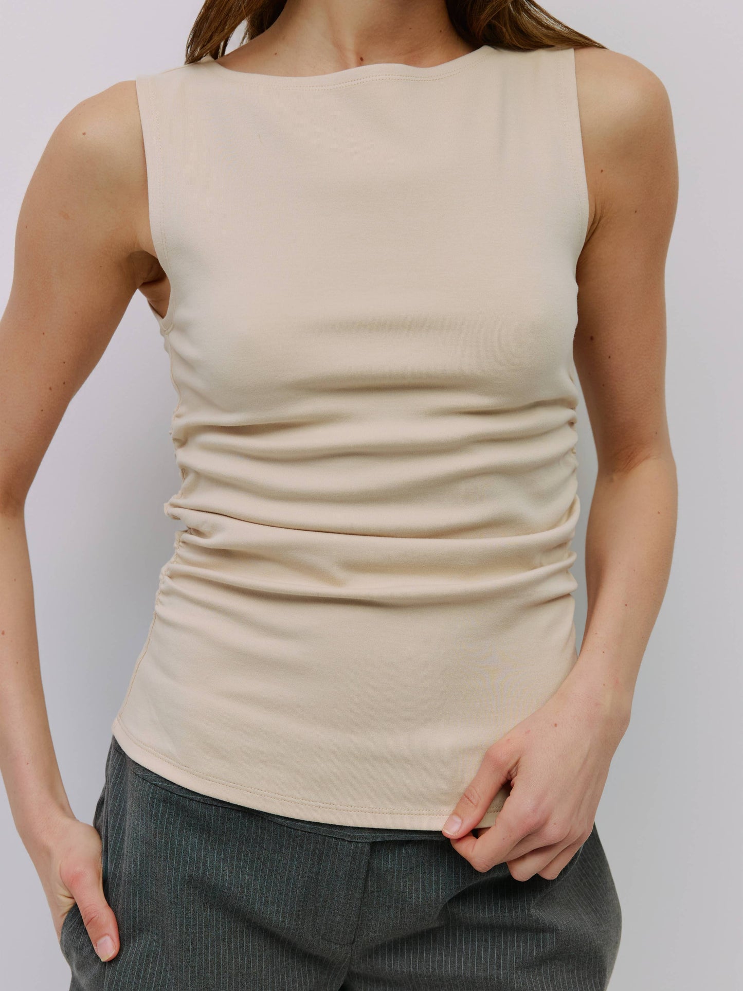 Boat Neck Ruched Knit Tank