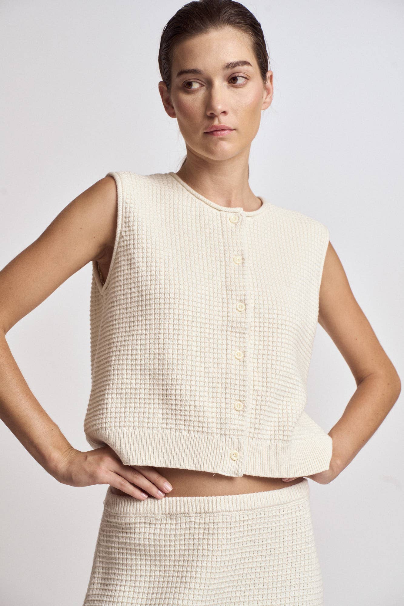 Cream Textured Cotton Knit Vest