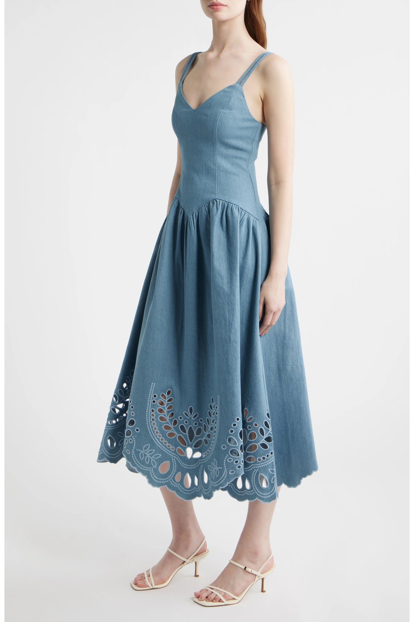 Denim V-Neck Eyelet Detail Midi Dress