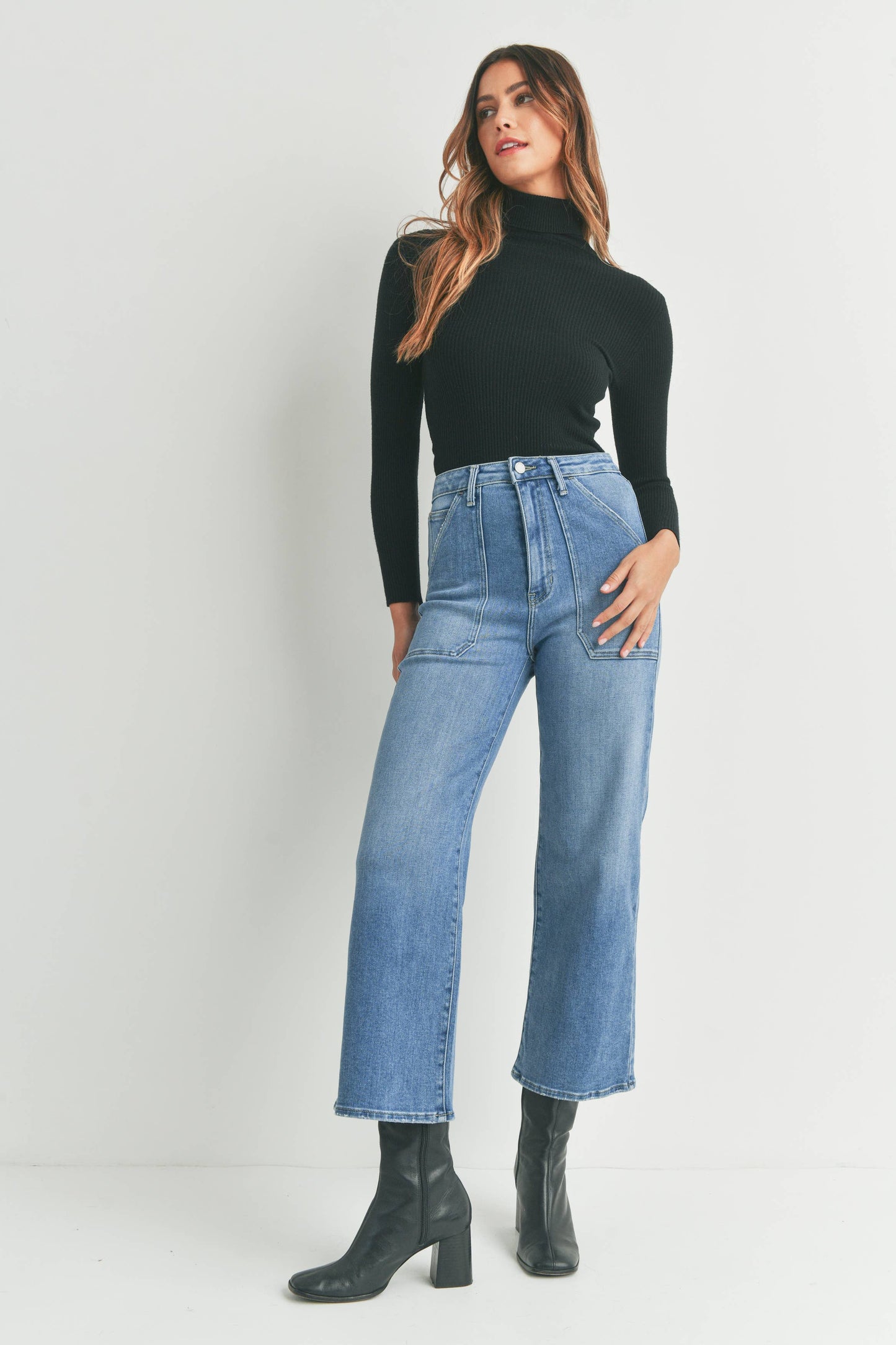 Medium Wash Utility Cargo Pocket Wide Leg High Rise Jeans