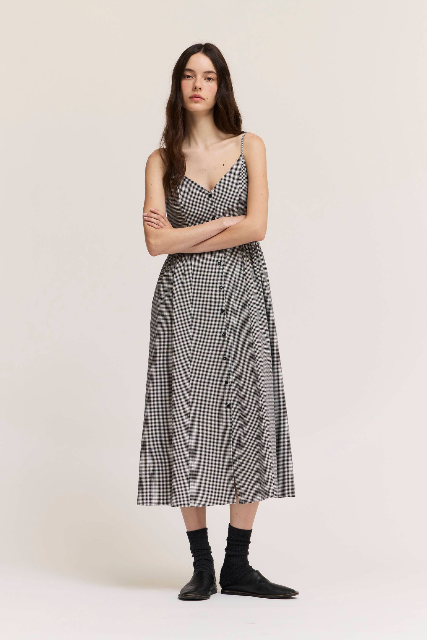 Strappy Gingham Button Front Midi Dress