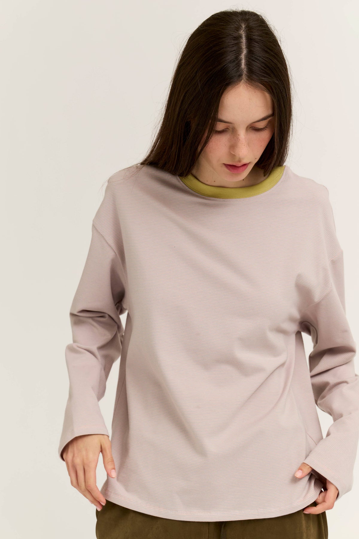 Blush Stripe Contrast Neck Long Sleeve Tee