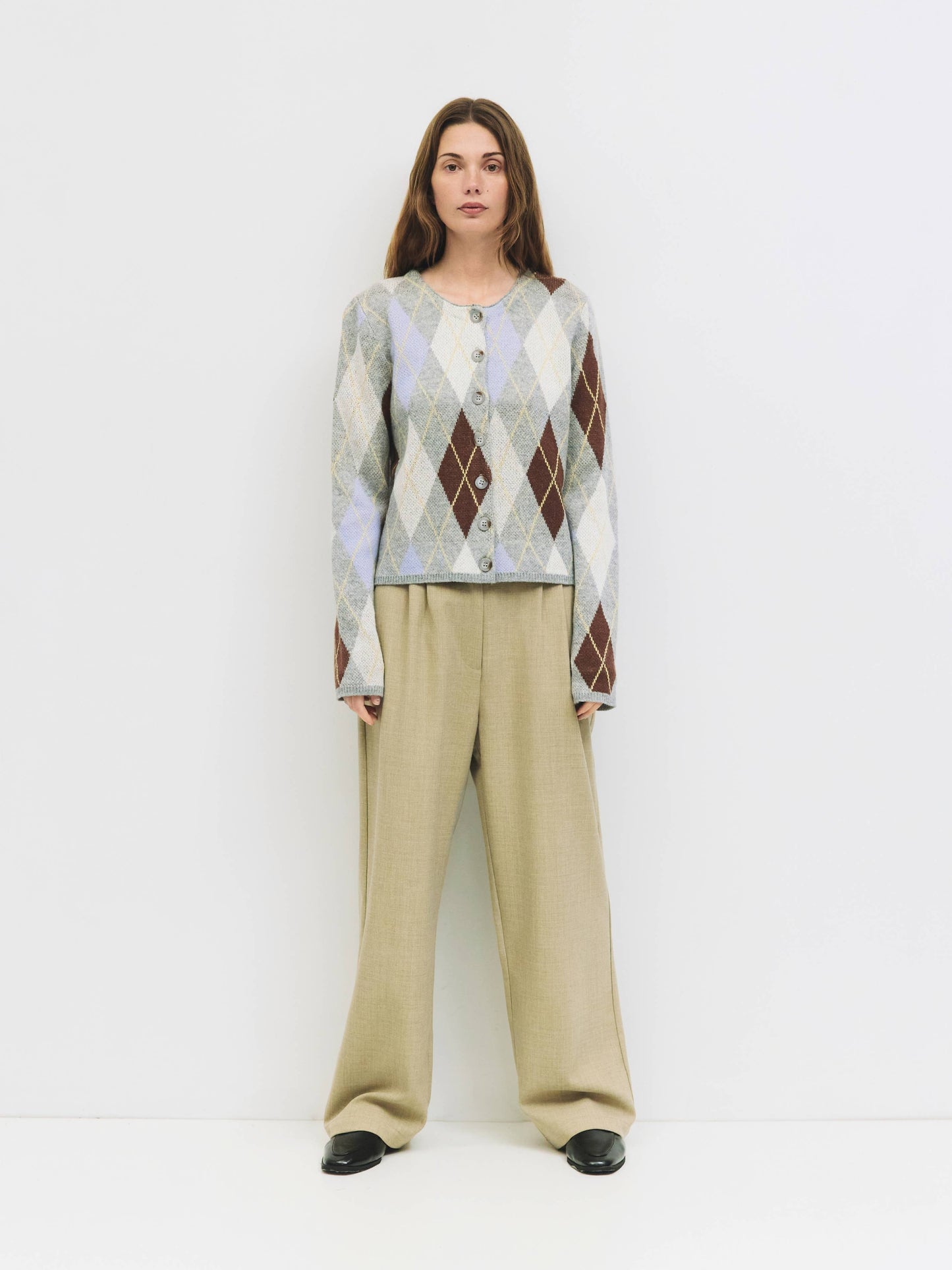 Grey Argyle Knit Cardigan Sweater