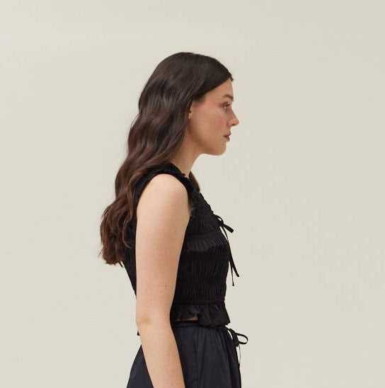 Black Smocked Ruffle Crop Top