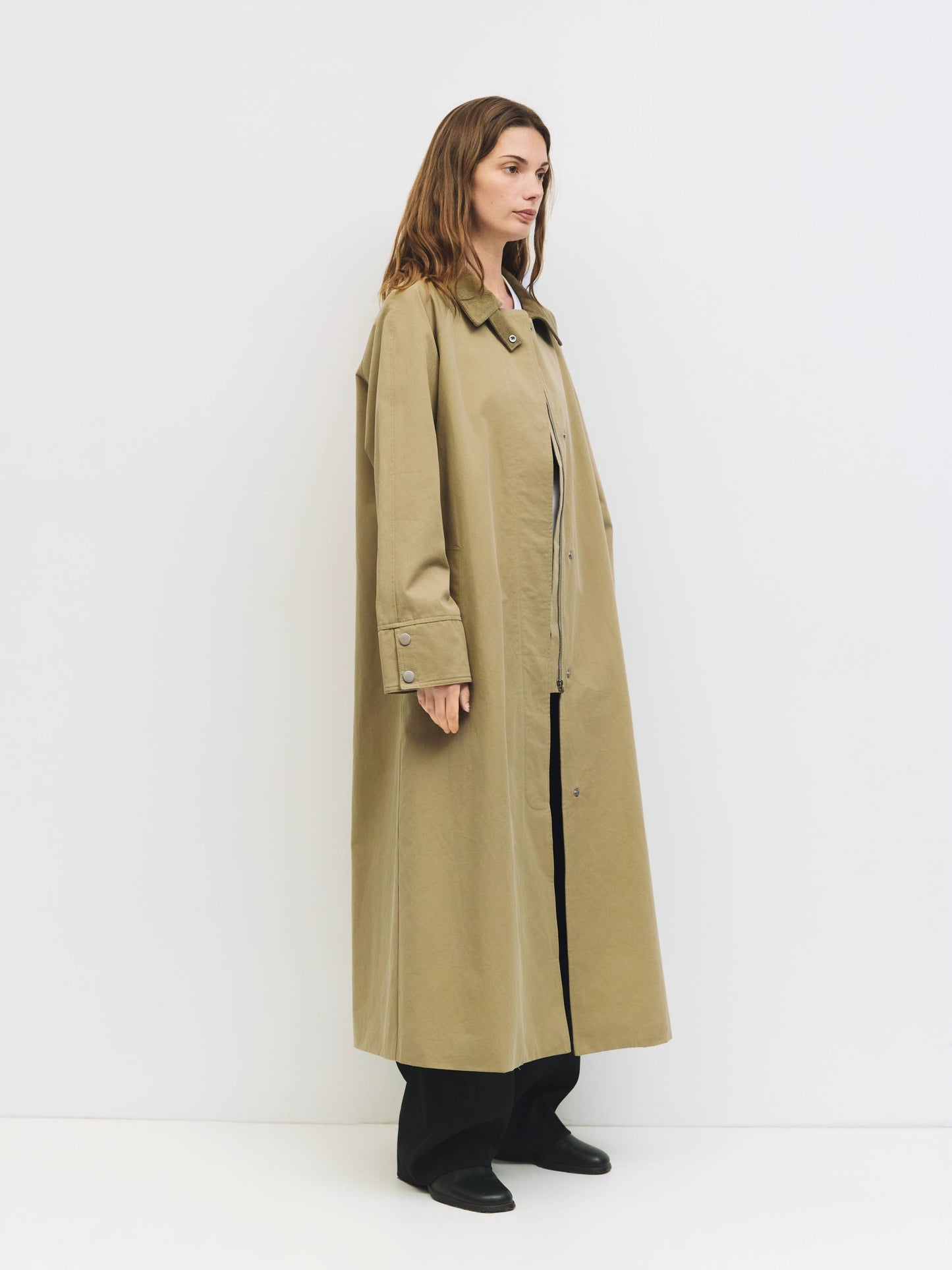 Khaki Corduroy Collared Long Trench Coat