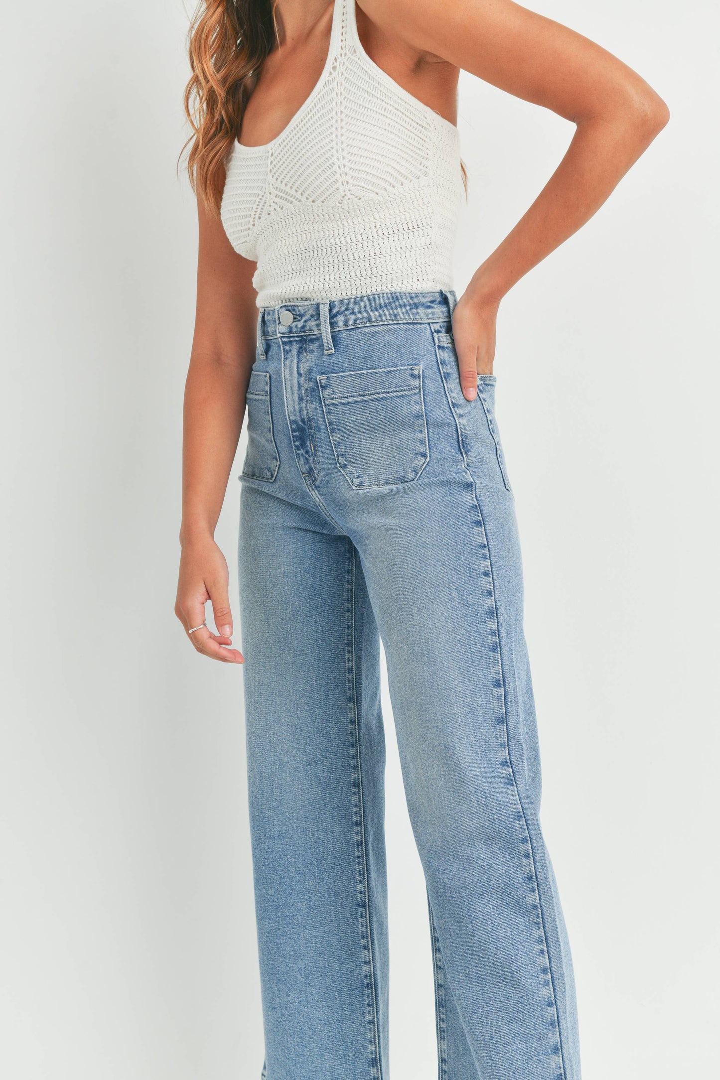 Patch Pocket Light Wash Wide Leg Jean