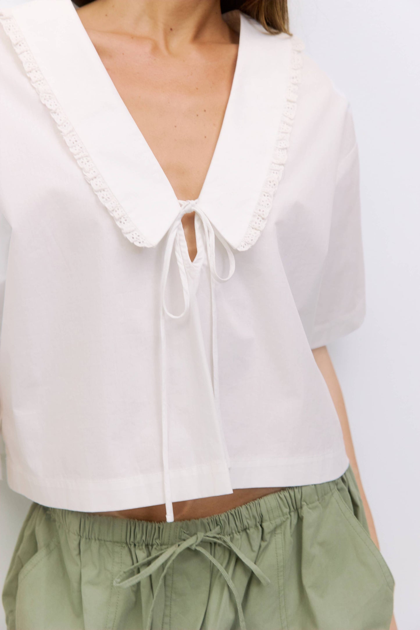 Poplin Lace Trim V Neck Boxy Top